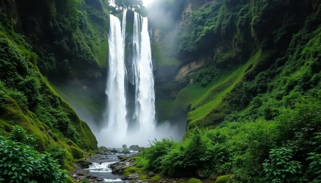 Madakaripura Waterfall with lush green surroundings in Probolinggo, Indonesia