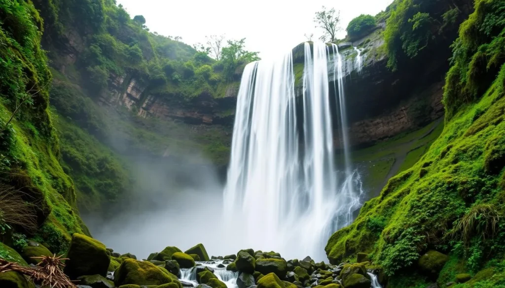 Madakaripura Waterfall with water cascading down surrounded by lush vegetation