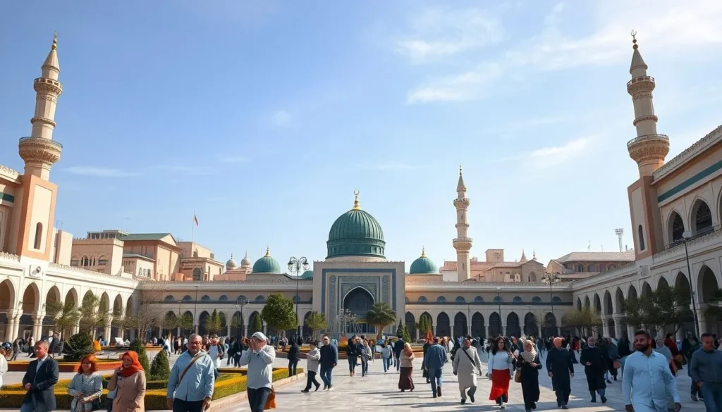 Madinah cityscape during winter season showing comfortable weather conditions with visitors exploring the area near the Prophet's Mosque
