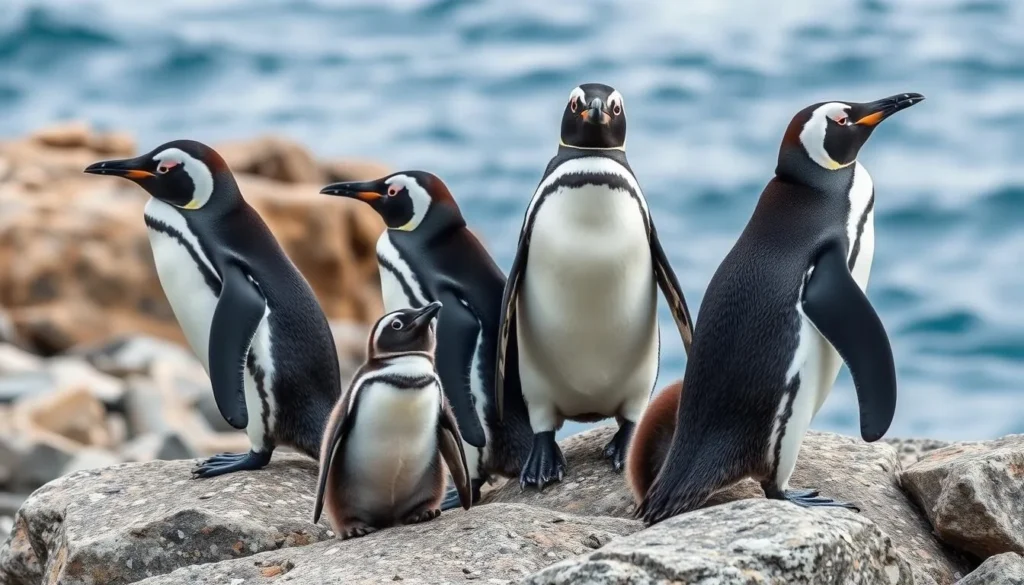 Magellanic and Humboldt penguins at Puñihuil Islets Natural Monument in Chiloe