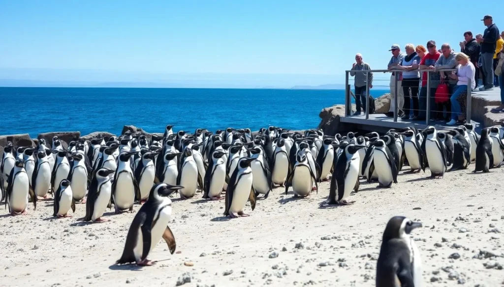 Magellanic penguins colony at Peninsula Valdes Argentina with visitors observing from a distance
