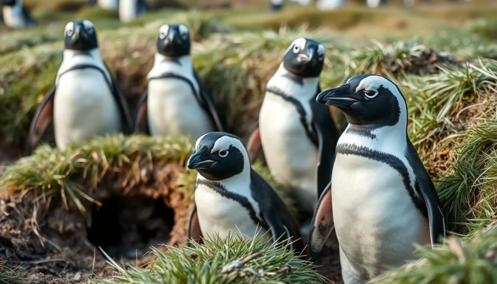 Magellanic penguins emerging from their burrows on Carcass Island