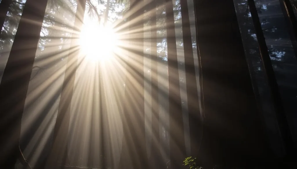 Magical morning light filtering through fog in Armstrong Redwoods creating perfect photography conditions