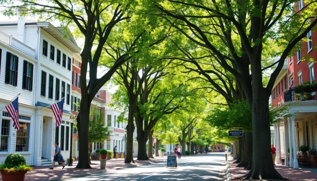 Main Street in Castine with historic buildings and elm trees