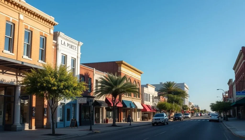 Main Street in La Porte Texas showing historic buildings and local shops