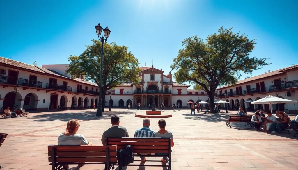 Main plaza in Tupiza with locals relaxing in the afternoon