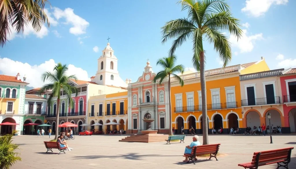 Main plaza of Concordia, Colombia with colorful colonial architecture and church