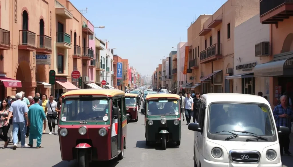 Main street in Fquih Ben Salah with local transportation and pedestrians