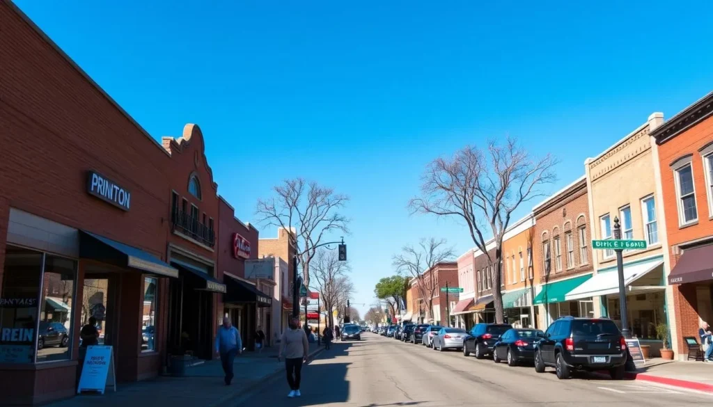 Main street in Princeton, Texas with local shops and pedestrians Main street in Princeton, Texas with local shops and pedestrians