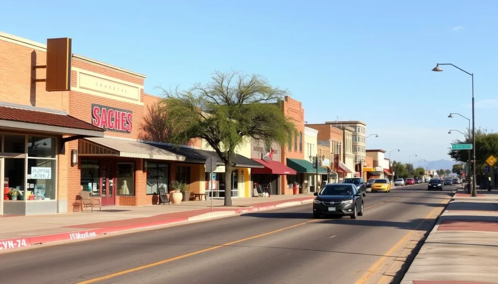 Main street in Sachse with local businesses and traffic Main street in Sachse with local businesses and traffic