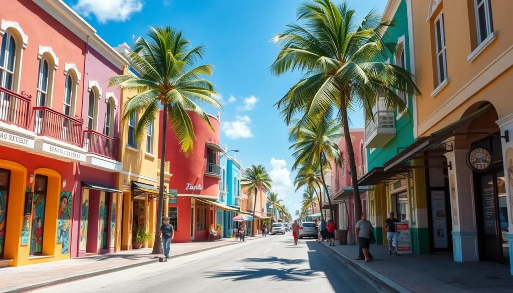 Main street in San Nicolas Aruba with colorful buildings and street art