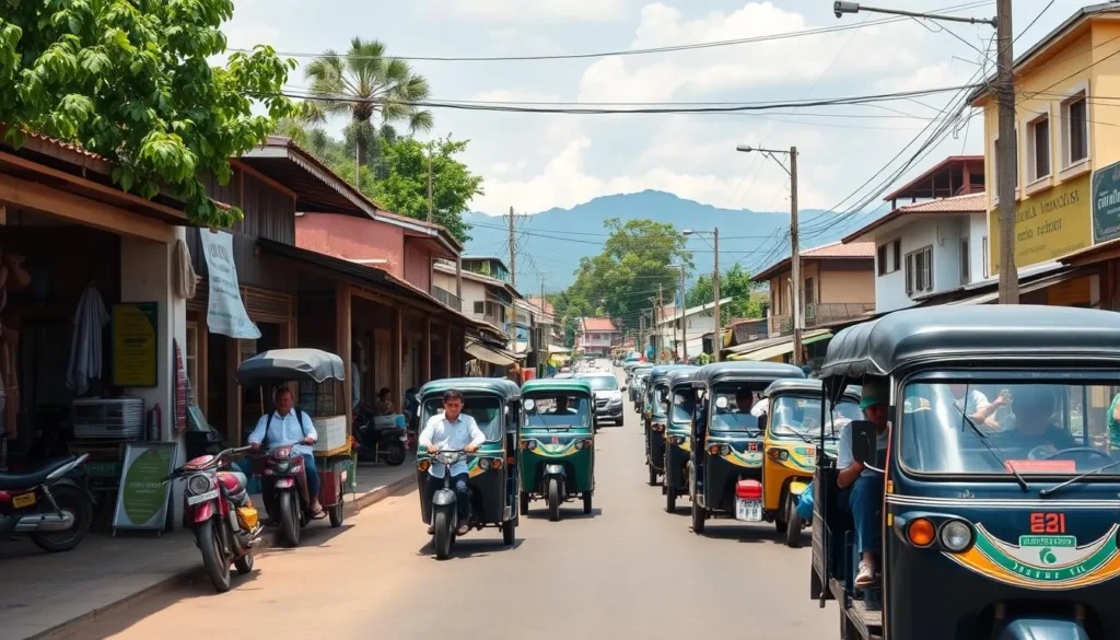 Main street in Xam Neua town center with local transportation and shops