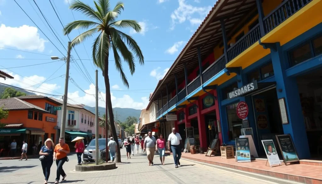 Main street of Minca, Colombia showing small shops, restaurants and daily life