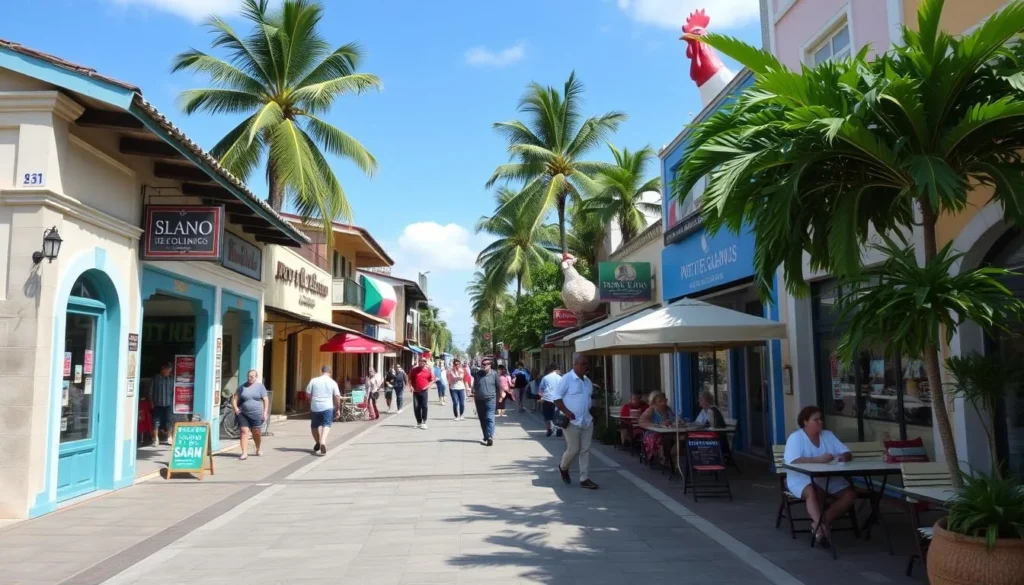 Main street of Porto de Galinhas village with colorful shops, restaurants and the famous chicken sculptures