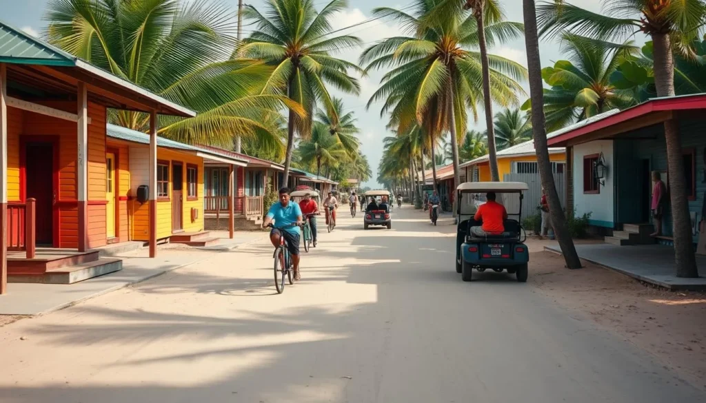 Main unpaved road in Hopkins Village with bicycles and golf carts