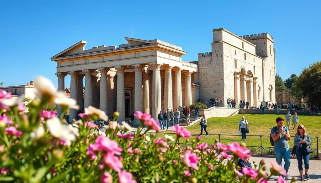 Maison Carrée in Nimes during spring with blooming flowers and blue sky