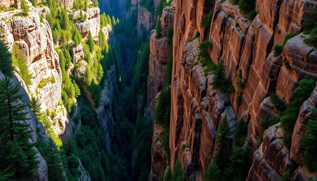 Majalca Canyon with its dramatic rock formations and forest views Majalca Canyon with its dramatic rock formations and forest views