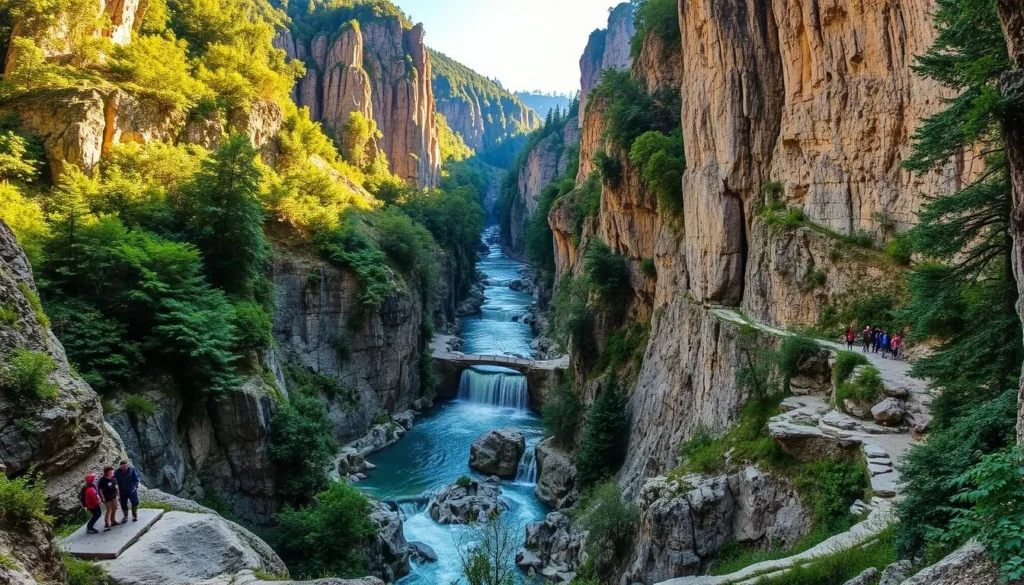 Majestic gorges carved by the Nera River, towering limestone cliffs embracing verdant forests. Sunlight filters through the canopy, casting a warm glow on the cascading waterfalls and crystal-clear pools below. Hikers traverse winding trails, marveling at the dramatic rock formations and serene natural beauty. Capture the essence of Cheile Nerei-Beusnita National Park, Romania, with a wide-angle lens to showcase the park's picturesque grandeur in all its glory.