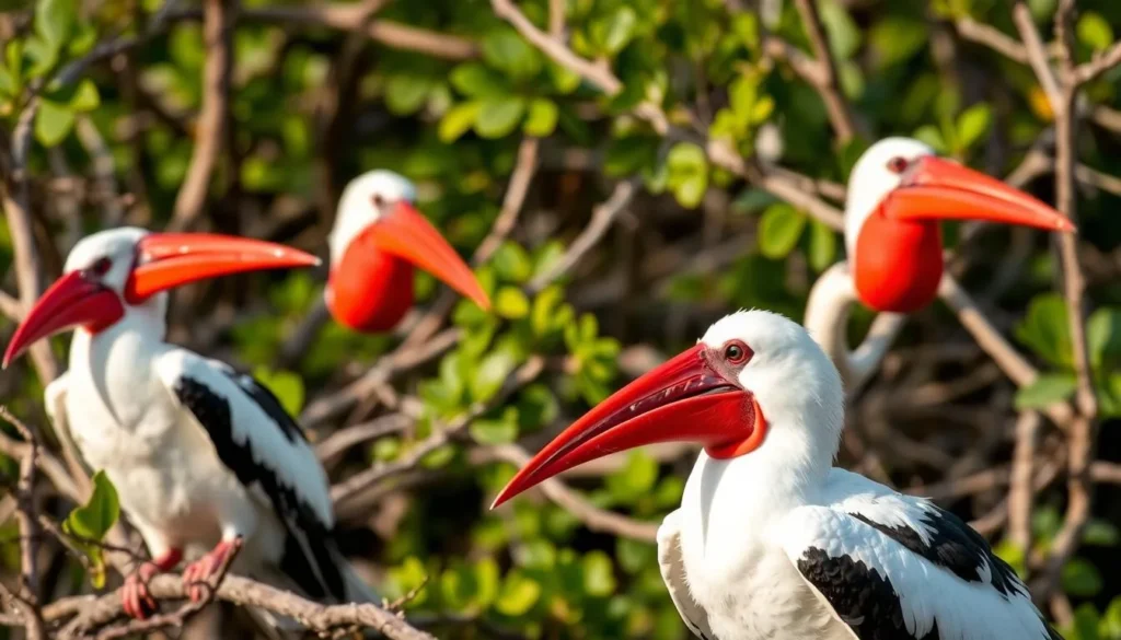Male frigate birds with inflated red throat pouches during mating season at Codrington Lagoon