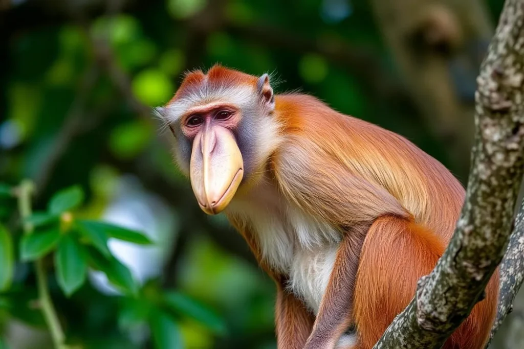 Male proboscis monkey with distinctive large nose sitting in a tree in Tanjung Puting