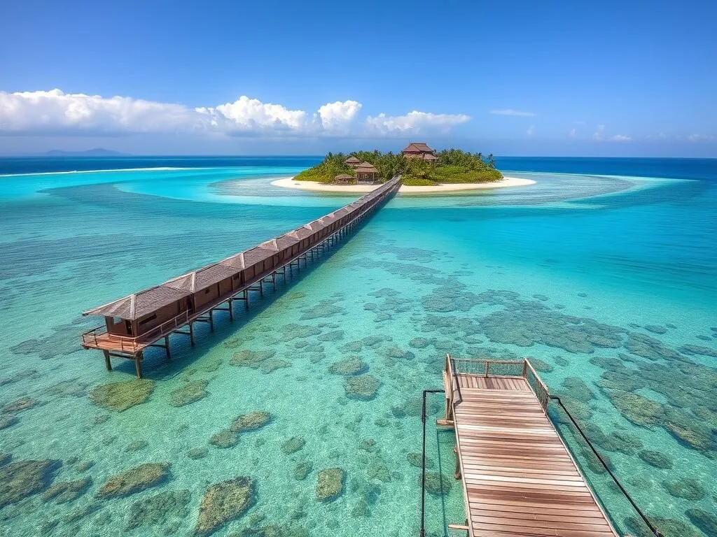 Malenge Island with wooden bridge connecting to Pulau Papan and traditional stilt houses visible Malenge Island with wooden bridge connecting to Pulau Papan and traditional stilt houses visible