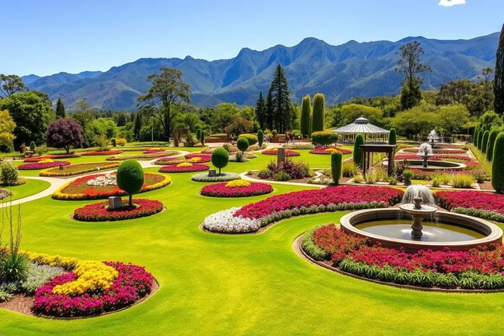 Maleny Botanic Gardens with colorful flowers and Glass House Mountains view in Montville Queensland