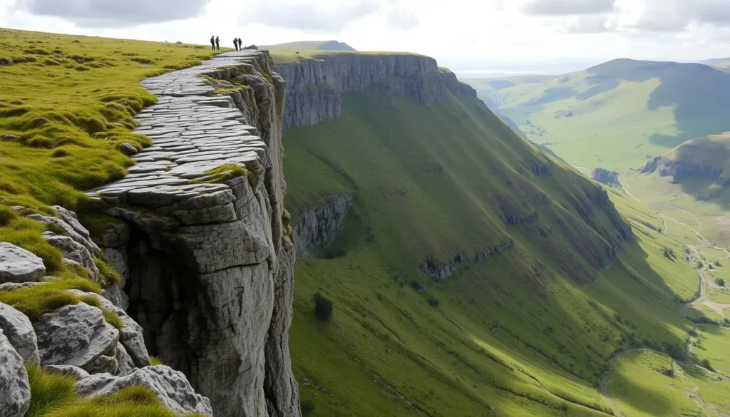 Malham Cove limestone formation with people walking along the top