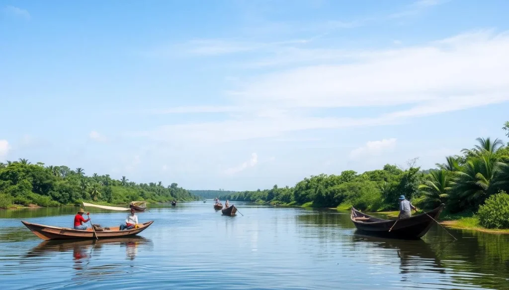 Mananara River near Vangaindrano showing traditional fishing boats and lush riverbanks