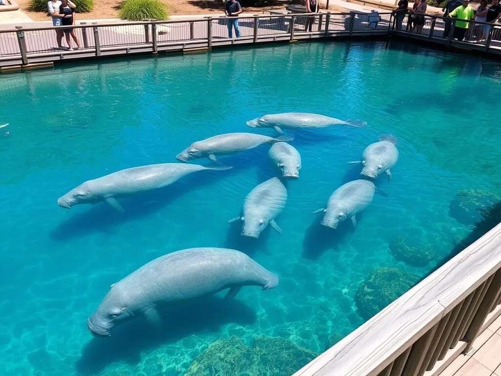 Manatees swimming in Blue Spring with visitors watching from boardwalk