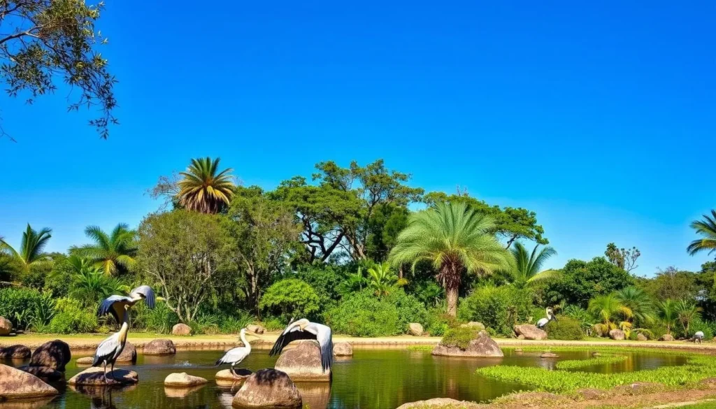Mangal das Garças park in Belem during the dry season with clear blue skies and lush vegetation
