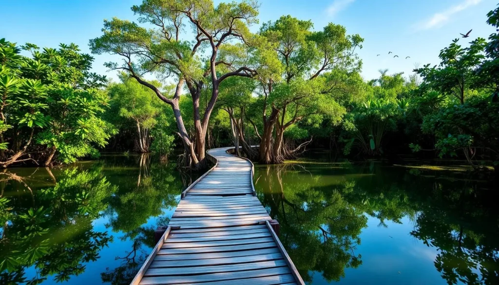 Mangrove Ecotourism Wonorejo in Surabaya with boardwalks through lush mangrove forests, highlighting nature things to do in Surabaya Indonesia