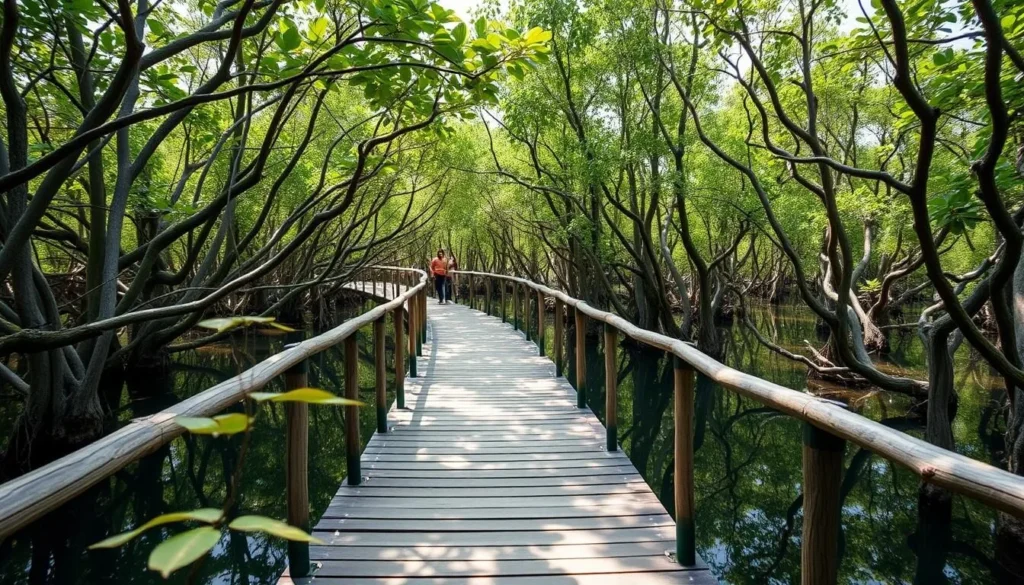 Mangrove forest boardwalk in Wonorejo Mangrove Ecotourism Park, Surabaya