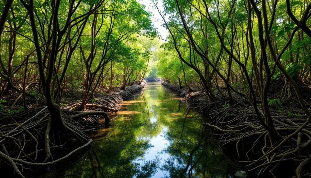 Mangrove forest in West Bali National Park with clear water channels