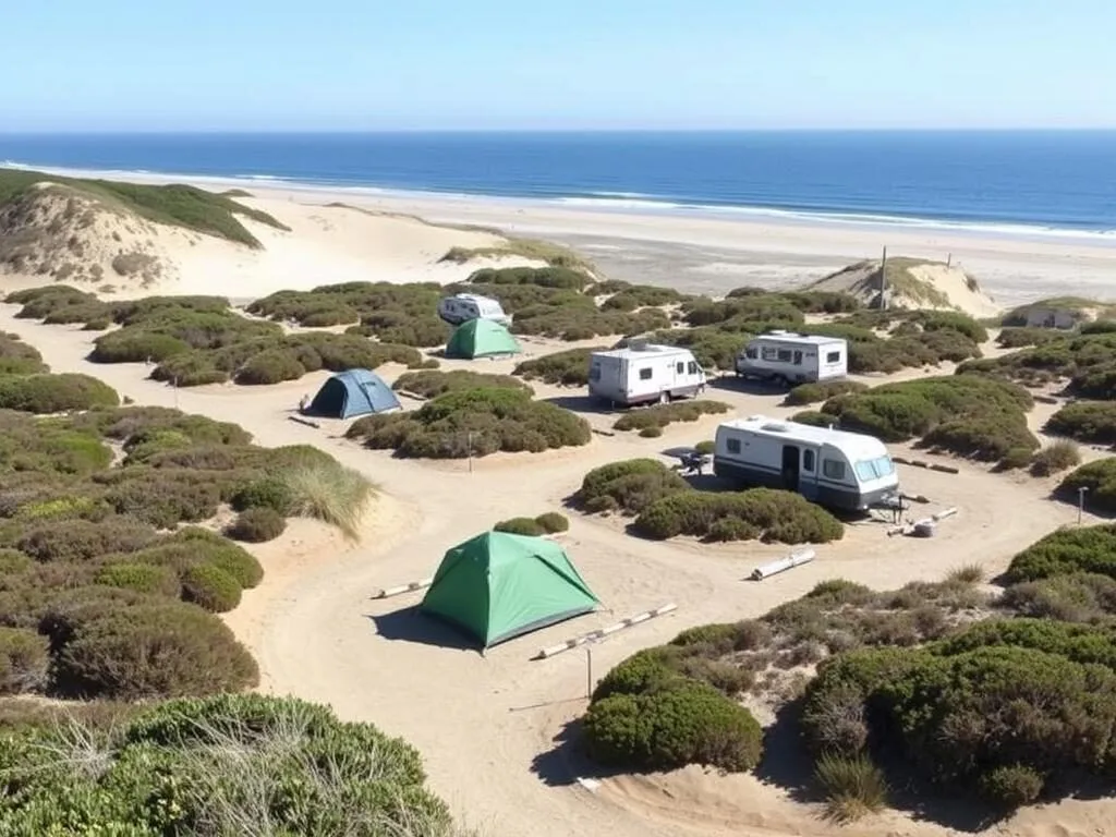 Manresa State Beach campground with tents set up near coastal vegetation