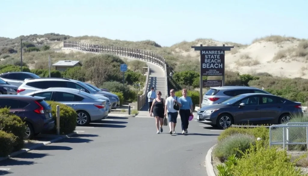 Manresa State Beach parking area with cars and beach access path