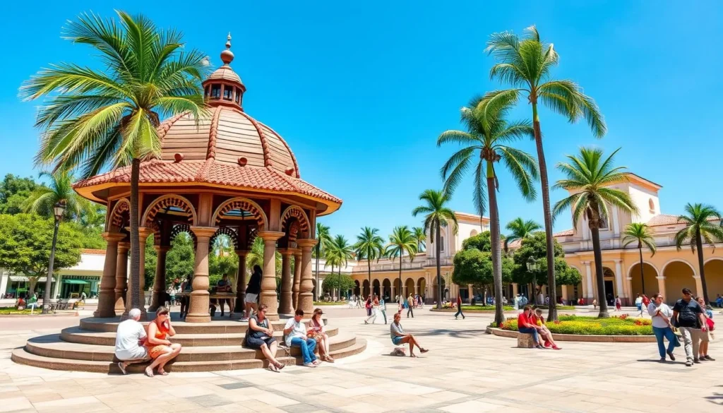 Manzanillo, Cuba's central park during dry season with tourists enjoying the pleasant weather