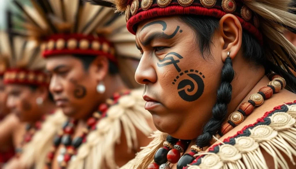 Māori cultural performance with traditional costumes and expressions
