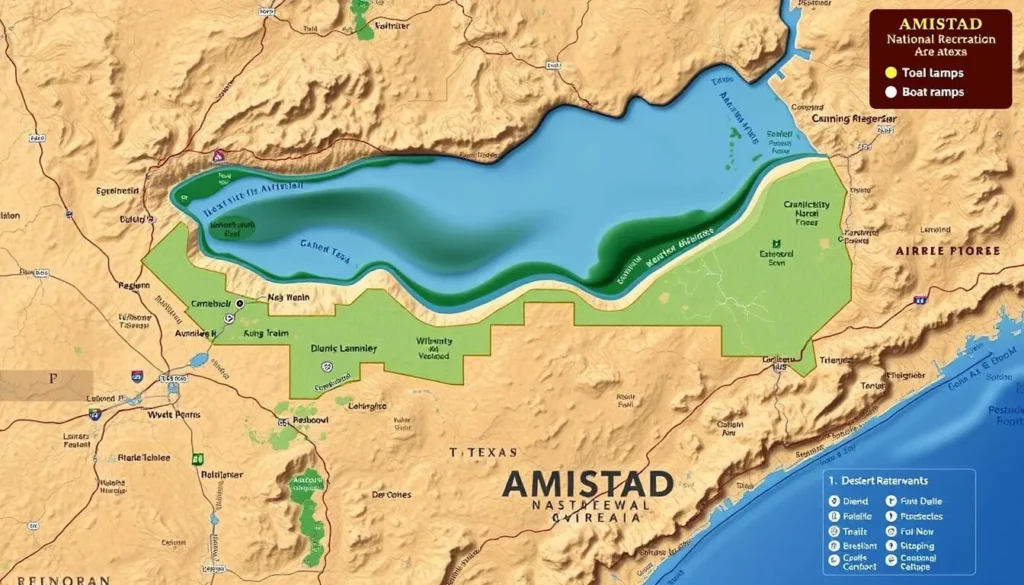 Map of Amistad National Recreation Area showing trails, boat ramps, and facilities