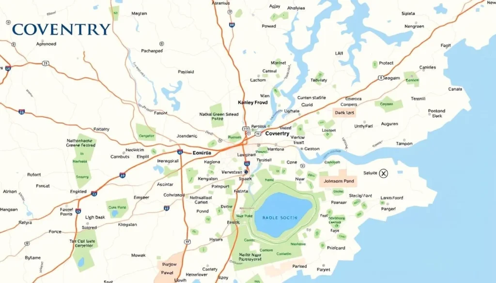 Map of Coventry, Rhode Island showing main attractions