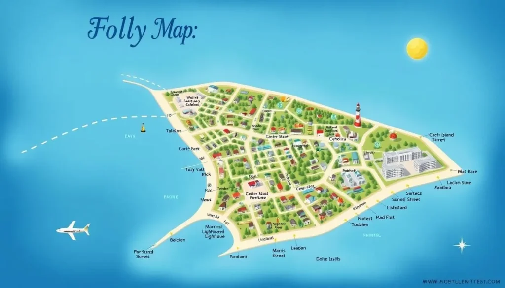 Map of Folly Island showing main attractions, beaches, and points of interest