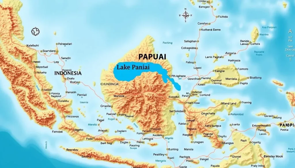 Map showing Lake Paniai's location in Papua, Indonesia with surrounding landmarks