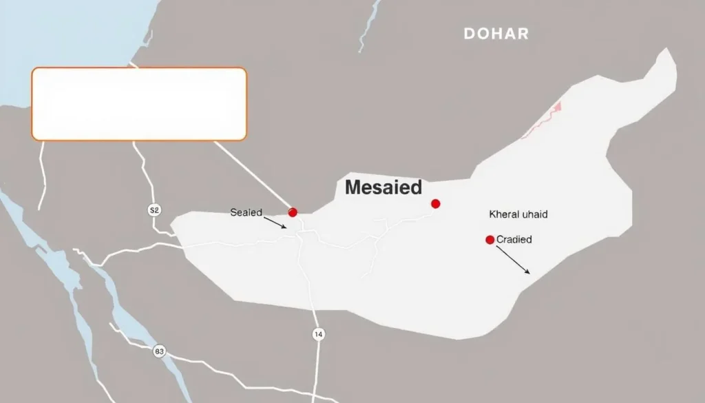 Map showing Mesaieed's location in relation to Doha and key attractions