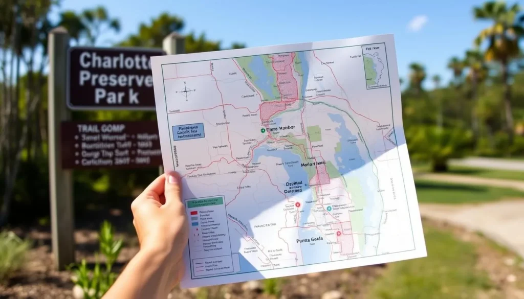 Map showing the location of Charlotte Harbor Preserve State Park in Florida with major access points and nearby cities marked Map showing the location of Charlotte Harbor Preserve State Park in Florida with major access points and nearby cities marked