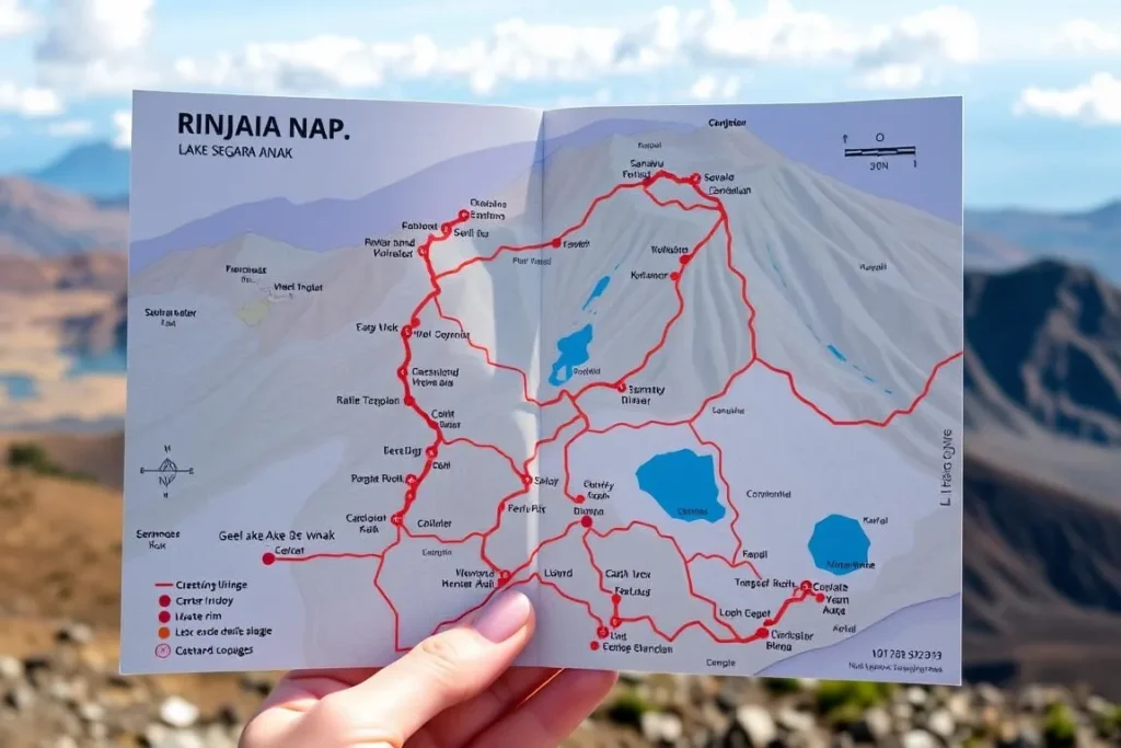 Map showing the trekking routes to Lake Segara Anak on Mount Rinjani Map showing the trekking routes to Lake Segara Anak on Mount Rinjani
