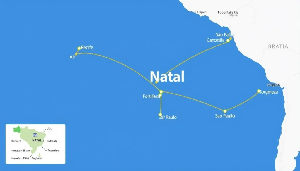 Map showing travel routes to Natal from major Brazilian cities Map showing travel routes to Natal from major Brazilian cities