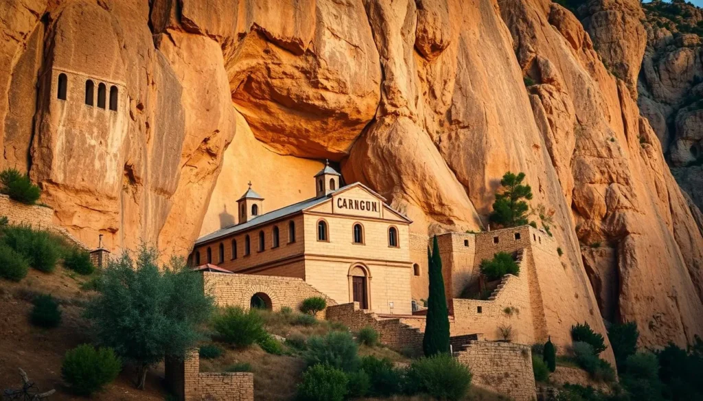 Mar Lichaa Monastery built into the vertical cliff face in Qadisha Valley, Lebanon Mar Lichaa Monastery built into the vertical cliff face in Qadisha Valley, Lebanon