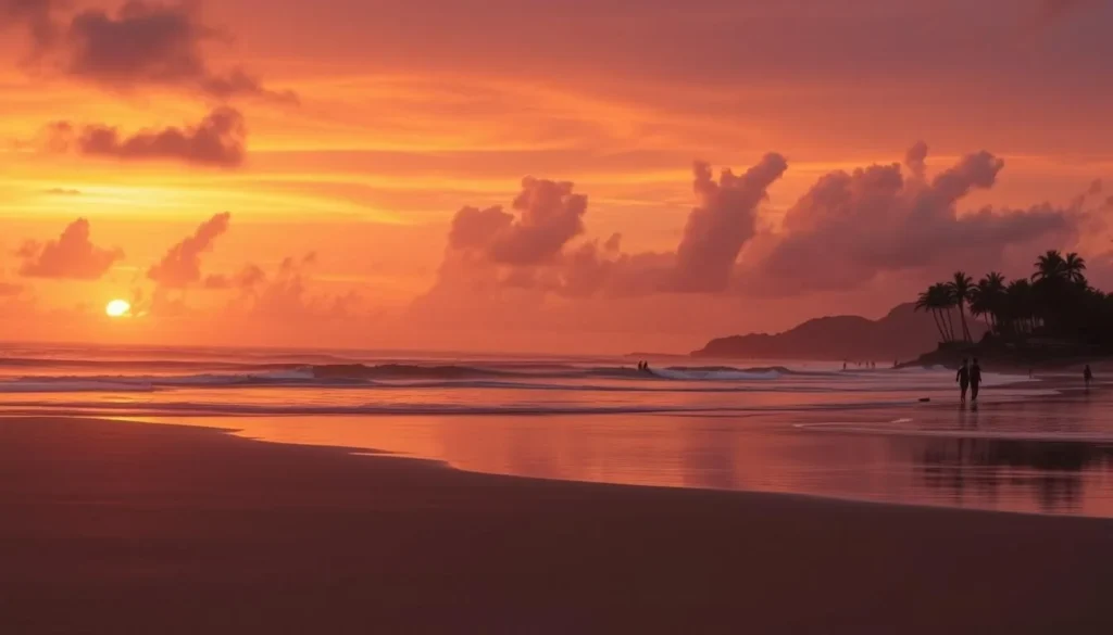 Maracaípe Beach at sunset with surfers and palm trees silhouetted against the orange sky