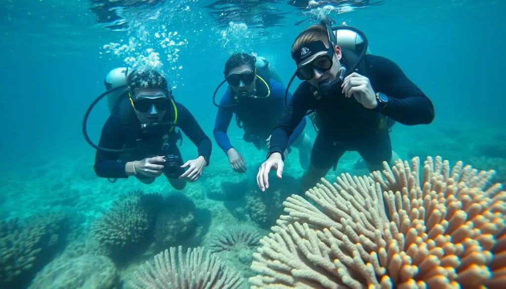 Marine biologists conducting coral reef research at Turneffe Atoll Marine Reserve