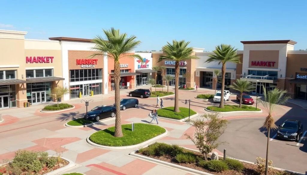 Market Heights Shopping Center with various stores and restaurants