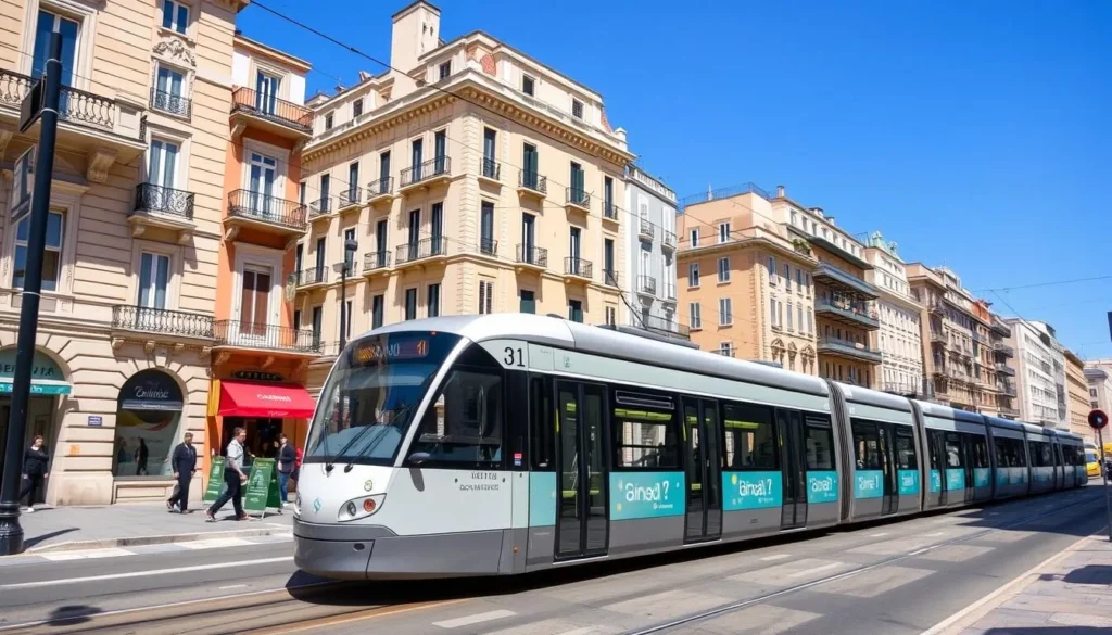 Marseille's modern tram system passing through a city street with historic buildings
